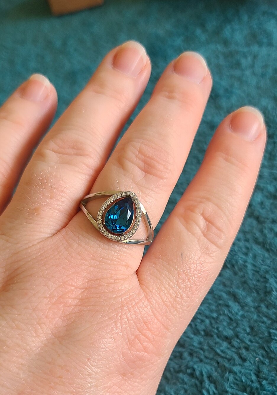 Pear-Shaped Blue Sapphire Teardrop Ring with Halo Accent